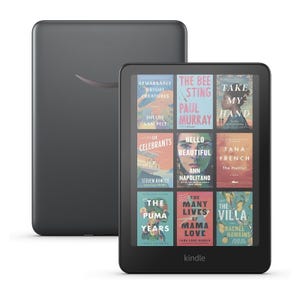 Kindle e-reader featuring a front cover with various book titles displayed, highlighting its e-ink display designed for reading.