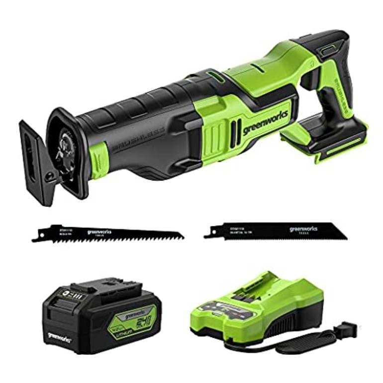 Cordless reciprocating saw with two blades, a rechargeable battery, and a charger.