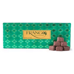 Frango Mint Chocolates in a green package featuring gold geometric patterns. The package is 16 ounces (453g) with stacked chocolate pieces shown alongside.