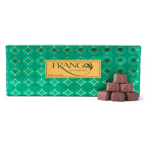 Frango Mint Chocolates in a green package featuring gold geometric patterns. The package is 16 ounces (453g) with stacked chocolate pieces shown alongside.
