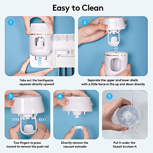A wall-mounted toothpaste dispenser with a toothbrush holder is demonstrated in a five-step cleaning process, from disassembly to rinsing under a faucet.