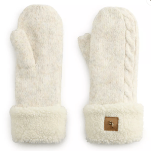 Cream-colored knit mittens with a cable knit design on one side and plush fleece cuffs featuring a small leather patch.
