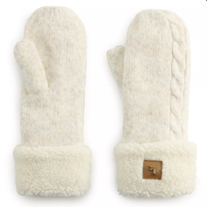 Cream-colored knit mittens with a cable knit design on one side and plush fleece cuffs featuring a small leather patch.