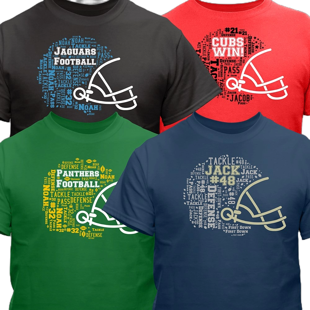 Four T-shirts with football helmet designs feature word clouds including team names like Jaguars and Panthers, player names, numbers, and terms such as \“tackle\“ and \“defense.\“ Colors include black, red, green, and blue.