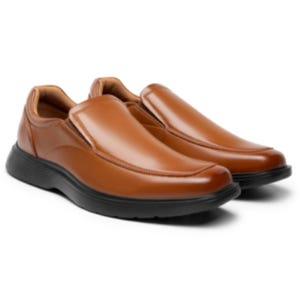 Brown slip-on dress shoes with a sleek design and black soles.