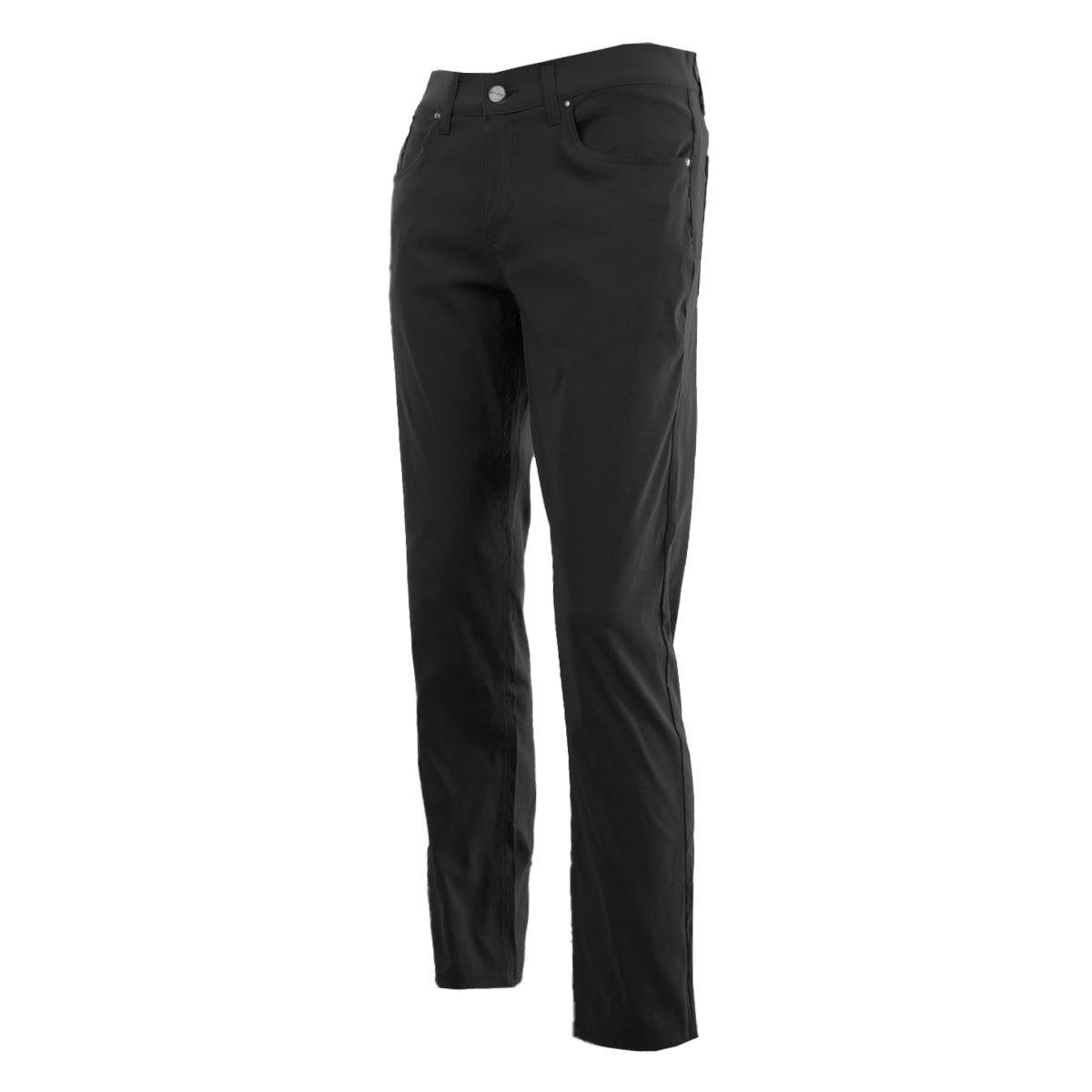 Black Spyder Tech Pants, featuring a slim fit design with a classic five-pocket style, button closure, and belt loops.