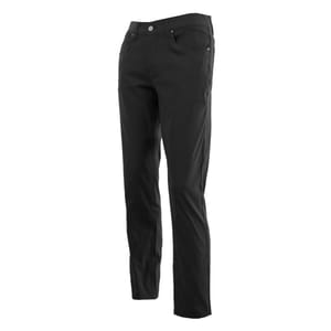 Black Spyder Tech Pants, featuring a slim fit design with a classic five-pocket style, button closure, and belt loops.