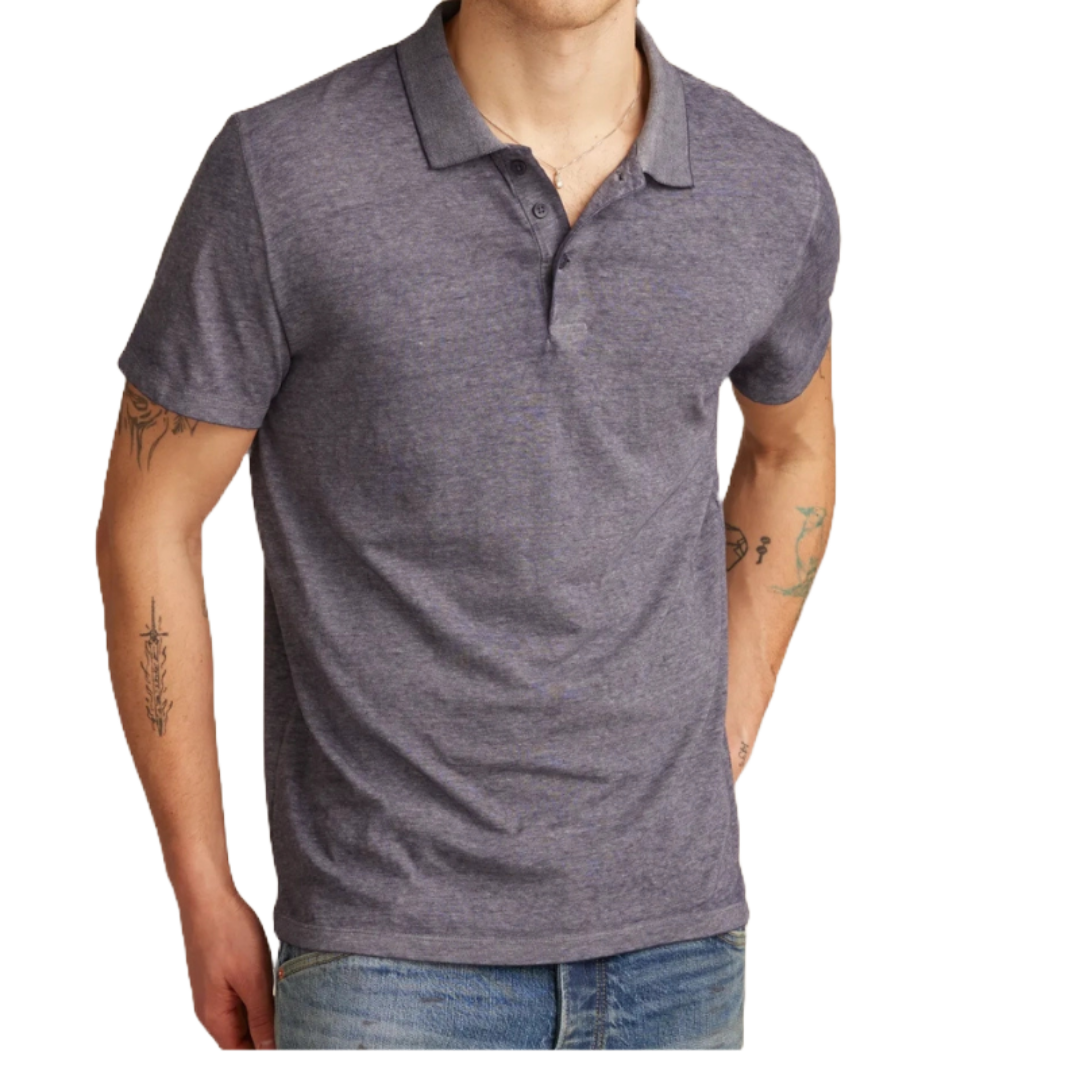 Gray short-sleeve polo shirt with a classic collar and three-button placket, worn by a person with visible tattoos on the arms.