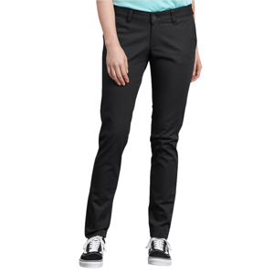 Black slim-fit chinos worn with black and white sneakers, paired with a light blue shirt.