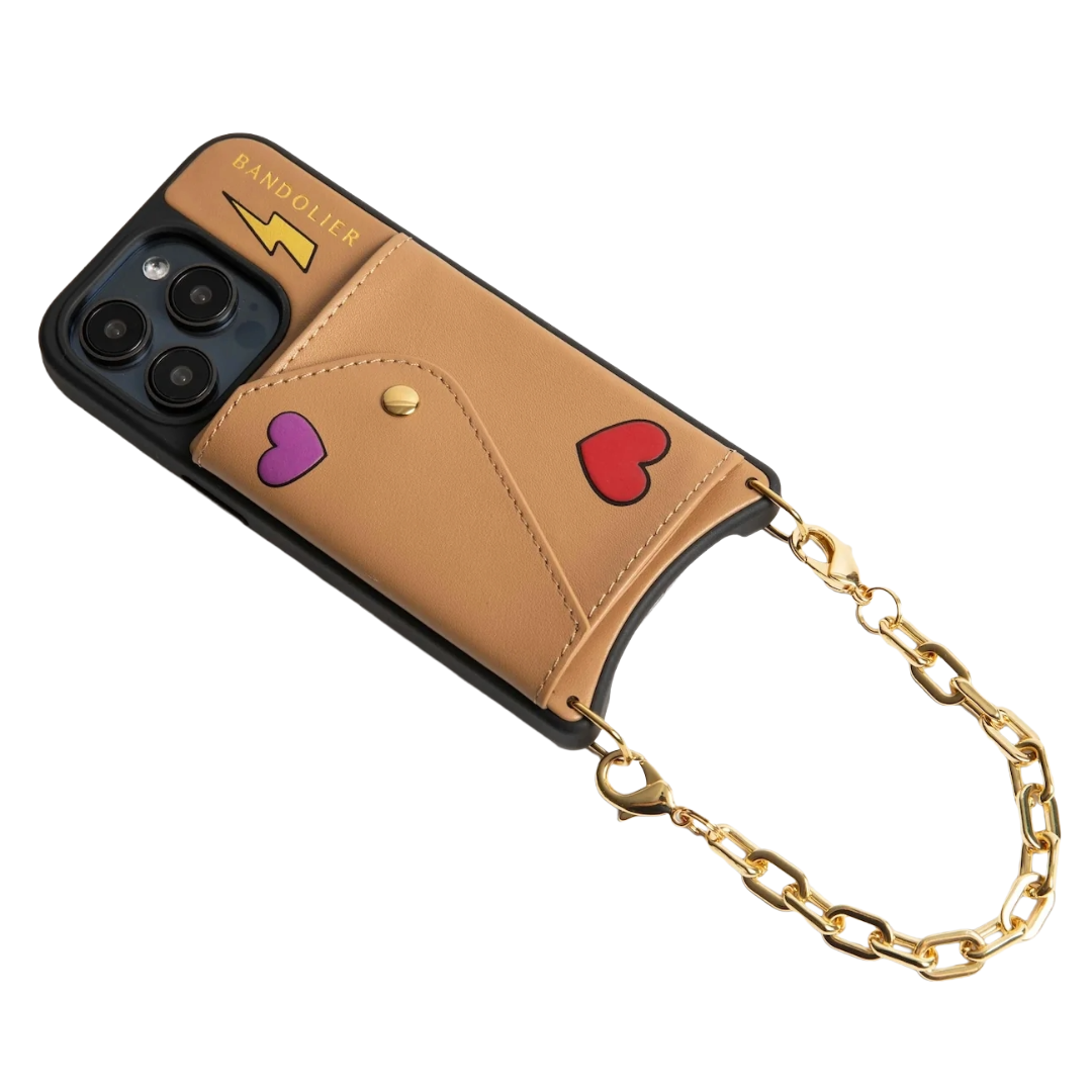 Tan smartphone case with gold chain and card holder, featuring colorful heart designs and a lightning bolt logo.