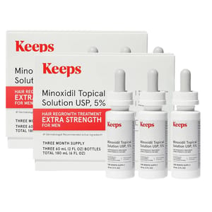 Keeps Minoxidil Topical Solution, 5% Extra Strength for Men is a hair regrowth treatment. It includes a three-month supply with three 60 mL (2 FL OZ) bottles.