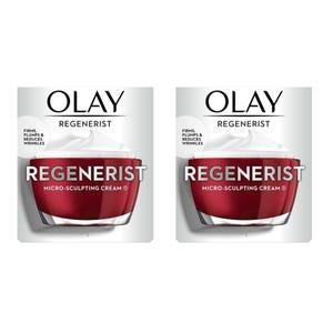 Olay Regenerist Micro-Sculpting Cream, designed to firm, plump, and reduce wrinkles. Comes in red packaging with 50g size displayed.