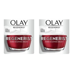 Olay Regenerist Micro-Sculpting Cream, designed to firm, plump, and reduce wrinkles. Comes in red packaging with 50g size displayed.