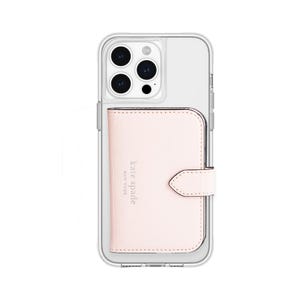 A clear phone case with a pastel pink Kate Spade MagSafe wallet attachment on the back, designed for functionality and style.