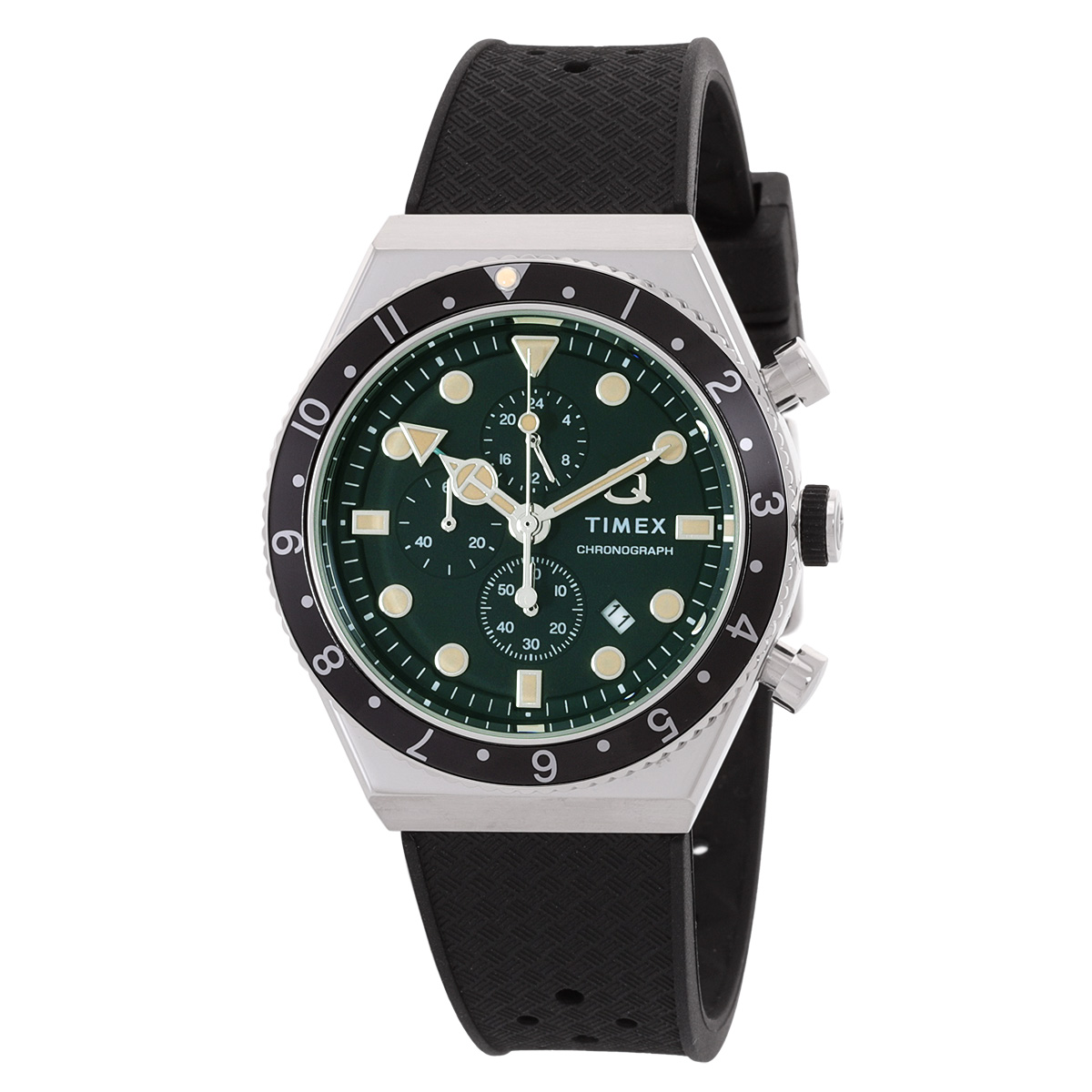 A Timex men's chronograph watch with a black textured strap, green dial, three sub-dials, luminescent hands, and a date display.