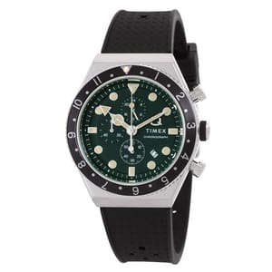 A Timex men's chronograph watch with a black textured strap, green dial, three sub-dials, luminescent hands, and a date display.