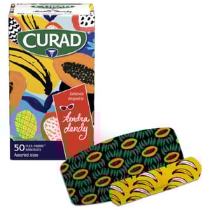 Curad Flex-Fabric bandages, designed by Kendra Dandy, featuring colorful patterns. Box contains 50 assorted sizes.