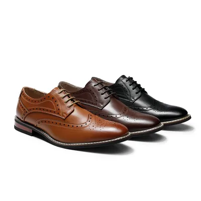 Three pairs of men's brogue dress shoes in brown, dark brown, and black, with perforated detailing and contrasting soles.
