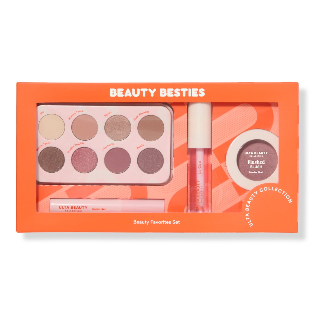 The Ulta Beauty Besties 4-piece kit includes an eyeshadow palette with eight shades, a brow gel, a lip gloss, and a powder blush. The packaging is orange with windows displaying the products.