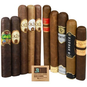 A 10-cigar variety pack includes different brands and styles, showcasing assorted wrappers and bands, plus a humidity control packet.