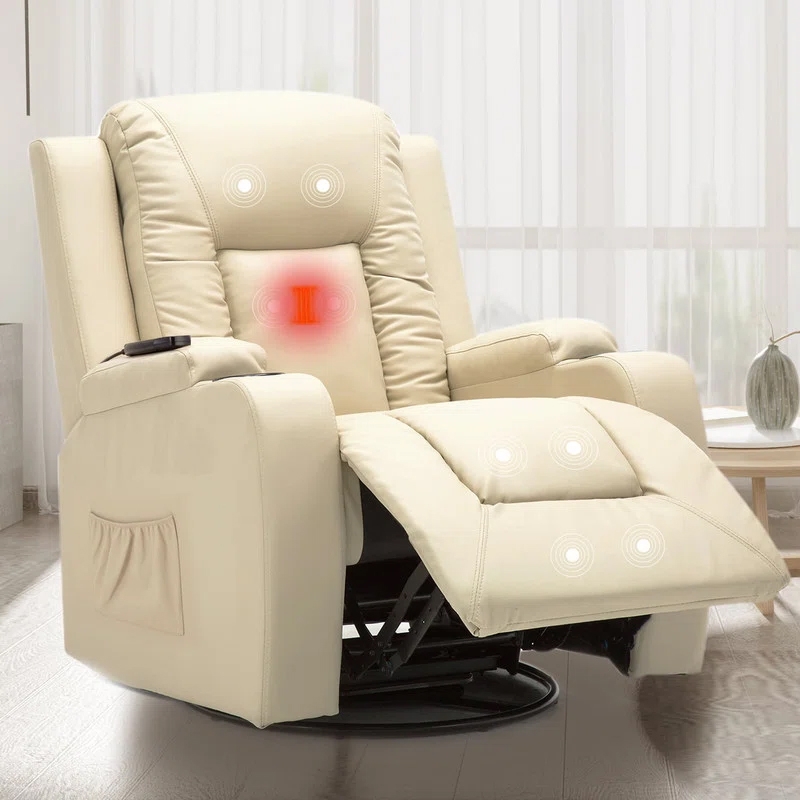 A beige reclining massage chair with heating features, showing areas of targeted massage and heating zones.