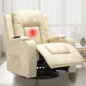 A beige reclining massage chair with heating features, showing areas of targeted massage and heating zones.