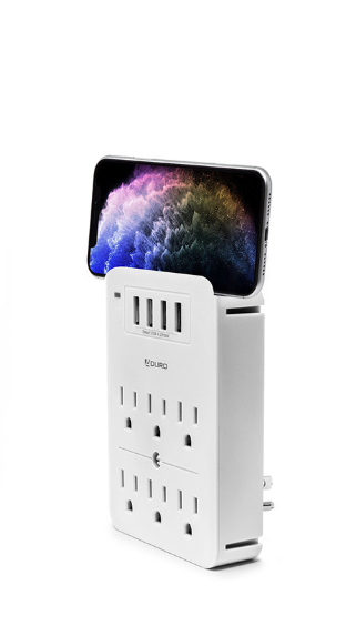 A wall outlet extender with six AC outlets, four USB ports, and a phone holder.