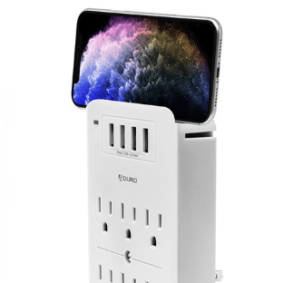 A wall outlet extender with six AC outlets, four USB ports, and a phone holder.
