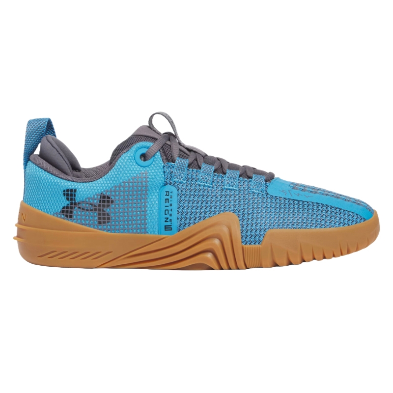 Blue athletic shoe with a mesh upper, gum rubber sole, and black logo on the side. Features gray laces and geometric sole design.