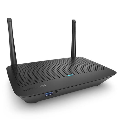 A refurbished Linksys WiFi 5 Mesh Router with two external antennas, a row of LED indicators, and one visible USB port on the front side.