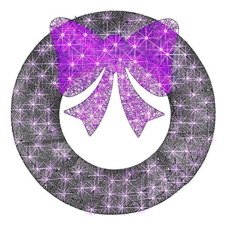 Circular emblem with a stylized angelic figure consisting of a purple bow and two wings against a starry background.
