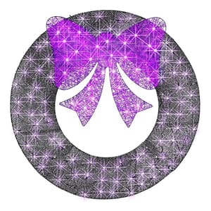 Circular emblem with a stylized angelic figure consisting of a purple bow and two wings against a starry background.