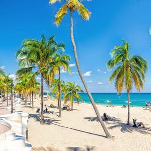 A sandy beach with palm trees under a clear blue sky, alongside a pedestrian walkway with people relaxing and enjoying the sunny weather.