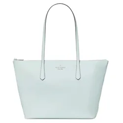 A light blue tote bag with two long handles and a zippered top, featuring a small logo in the center.