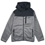 Gray Reebok hoodie with a black upper panel and hood, featuring a front zipper, chest and side pockets, and a logo on the chest and sleeve.