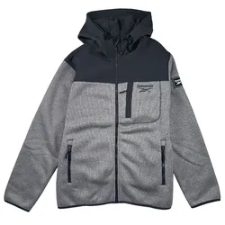Gray Reebok hoodie with a black upper panel and hood, featuring a front zipper, chest and side pockets, and a logo on the chest and sleeve.