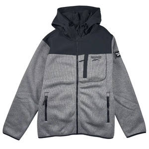 Gray Reebok hoodie with a black upper panel and hood, featuring a front zipper, chest and side pockets, and a logo on the chest and sleeve.