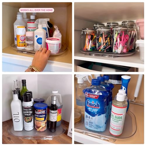 Rotating trays used for organizing condiments, art supplies, and cleaning products for easy access in various home settings.