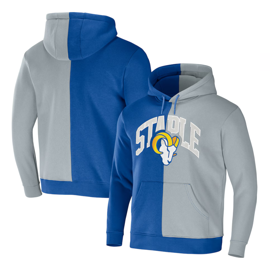 Blue and gray color-blocked hoodie featuring a ram logo and the word \“Staple\“ on the front, with a front pocket and a drawstring hood.