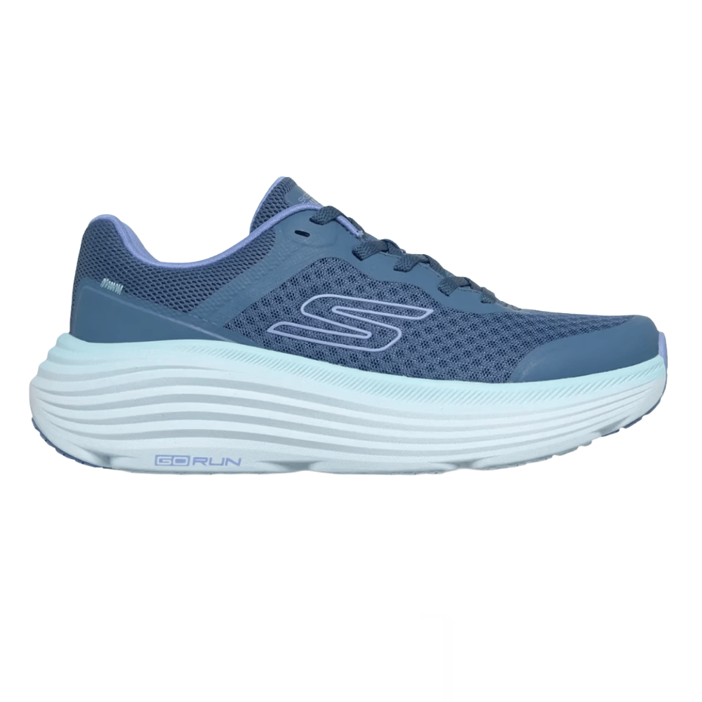 Blue athletic shoe with a mesh upper, cushioned sole, and logo design, labeled \“GO RUN\“.