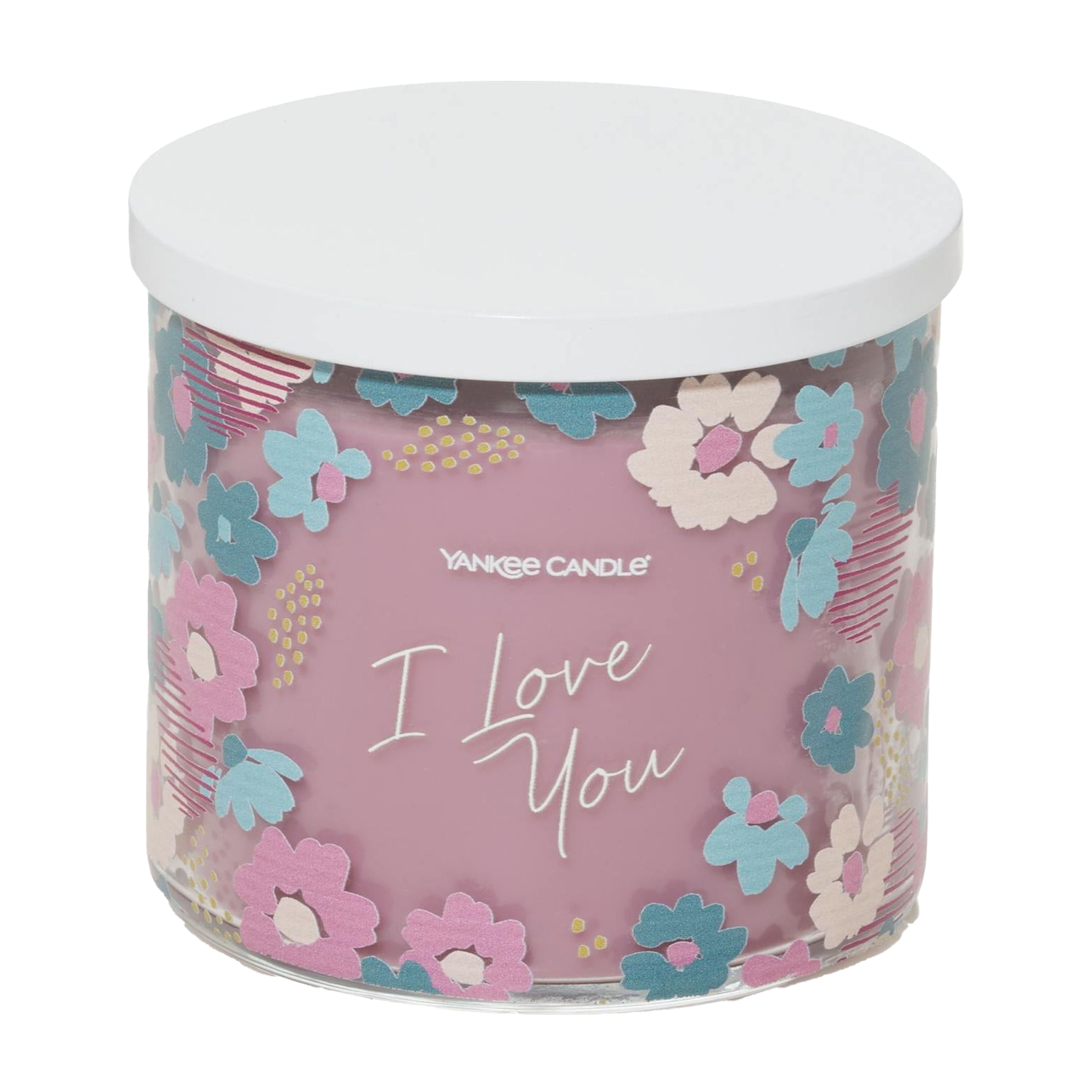 Yankee Candle 3-Wick with a floral design and \“I Love You\“ message on a pink background, featuring a white lid.