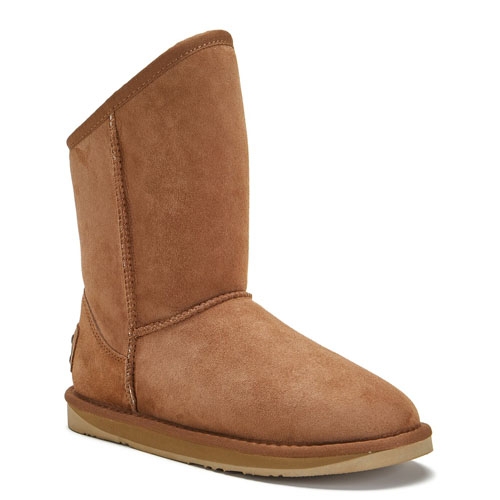 These are mid-calf boots in a solid light brown color with suede exterior, visible stitching on the sides, and a flat rubber sole.