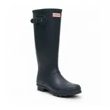 A tall, navy Hunter rain boot with a buckle on the side and a logo near the top.
