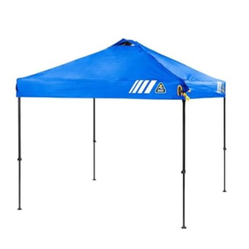A blue pop-up canopy tent with a peaked roof supported by four black legs, designed for outdoor use.