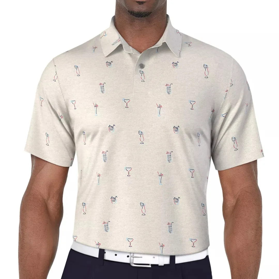 A light-colored polo shirt featuring a playful print of various cocktail glasses, paired with dark pants and a white belt.