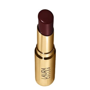 Laura Geller lipstick in a dark, rich shade, housed in a gold tube.