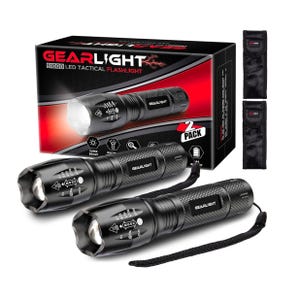 Pack of two GearLight S1000 LED tactical flashlights, featuring a durable design, super bright light, zoomable function, multiple modes, and battery holders. Includes two holsters and lanyards for easy carrying.