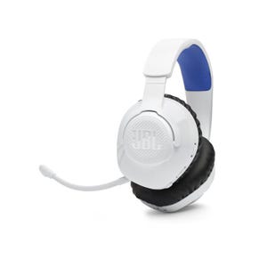 White JBL wireless gaming headset with a flexible boom microphone, cushioned ear pads, and a blue interior headband.