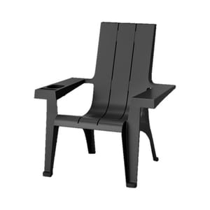 Black stackable Adirondack chair with slatted back, wide armrests, and built-in cup holders. Made from durable weather-resistant material, suitable for outdoor use.