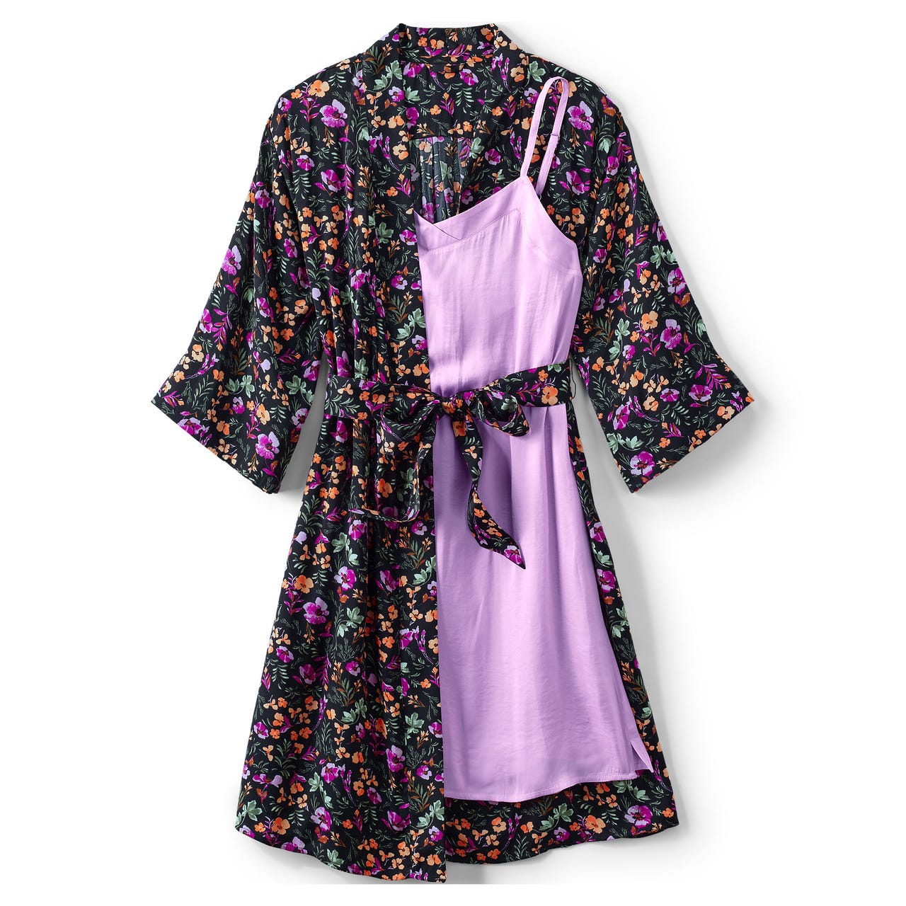 Lands' End Matte Satin 2pc Pajama Set features a floral black kimono-style robe with 3/4 sleeves and a matching tie belt, layered over a lilac satin slip with spaghetti straps.